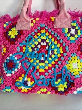 MC2 Saint Barth Crochet Granny Square Tote Bag Pink Fringe Vanity Italy